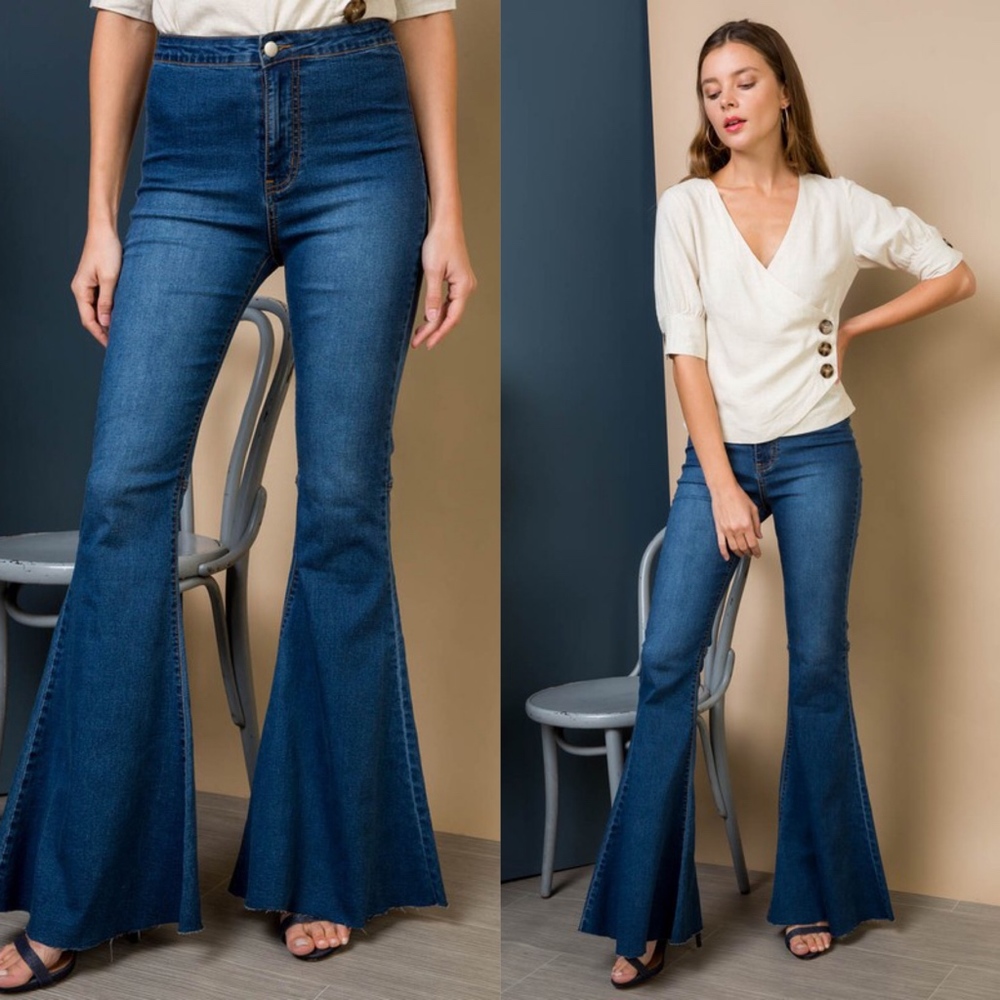 Boho Flared Wide Leg Denim Dark Wash Bell Bottom Jeans - Picture 3 of 5